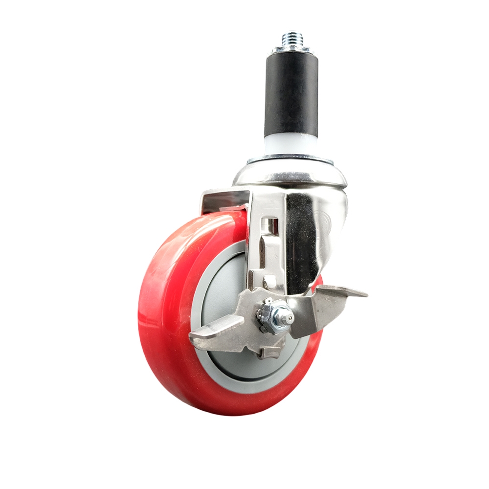 Polyurethane Swivel Stem Caster with 4 in. Red Caster Wheels & Top Lock Brake, 1.38 in. Expanding Stem - 316 Stainless Steel Caster