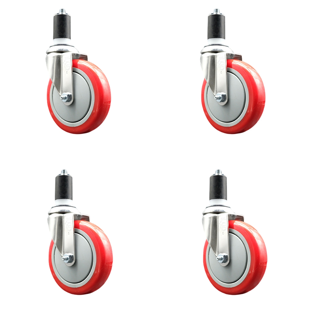 Polyurethane Swivel Stem Caster with 5 in. Red Caster Wheels, 1.5 in. Expanding Stems - 316 Stainless Steel Casters - Set of 4