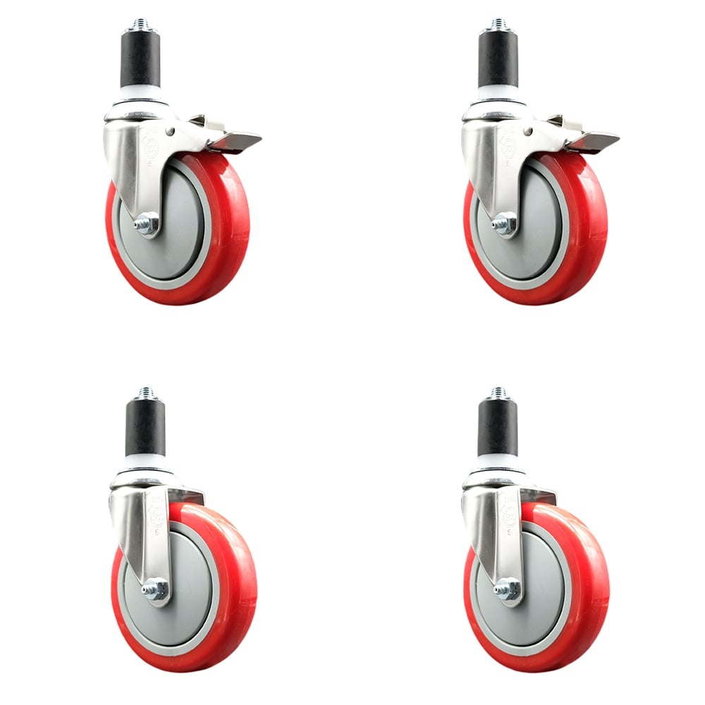 Polyurethane Swivel Stem Caster with 5 in. Red Caster Wheels, 1.5 in. Expanding Stem - 316 Stainless Steel Casters - Set of 4
