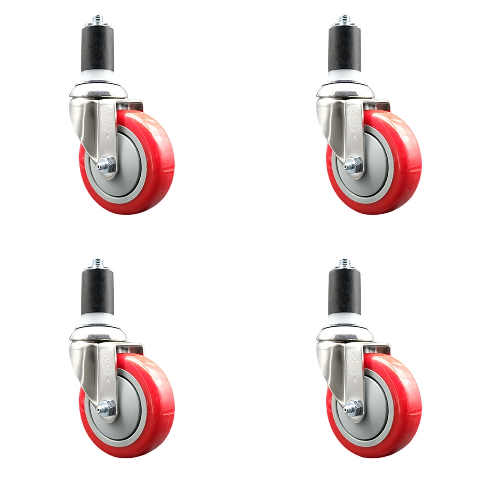 Polyurethane Swivel Stem Caster with 4 in. Red Caster Wheels, 1.63 in. Expanding Stems - 316 Stainless Steel Casters - Set of 4