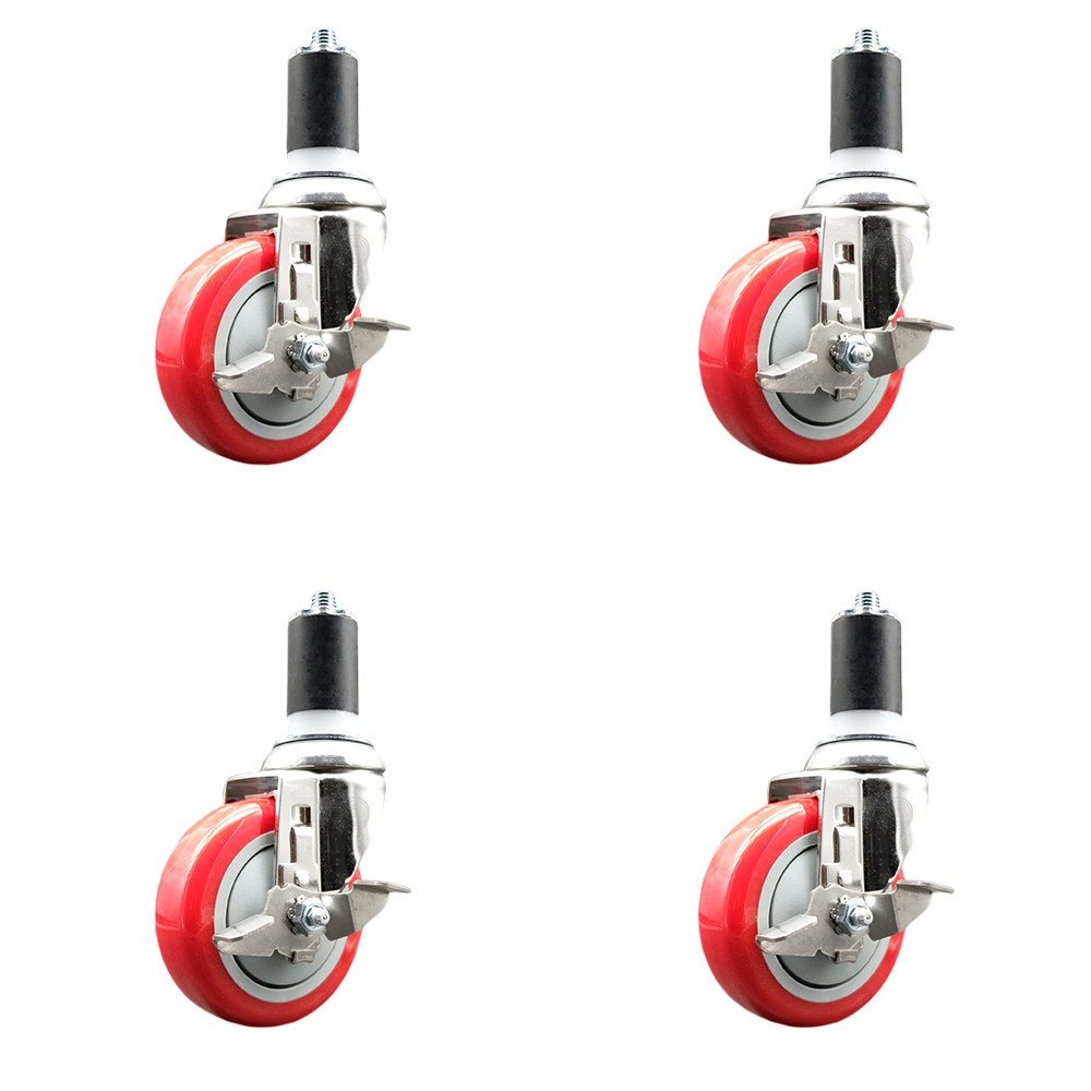 Polyurethane Swivel Stem Caster with 4 in. Red Caster Wheels, 1.63 in. Expanding Stems - 316 Stainless Steel Casters - Set of 4