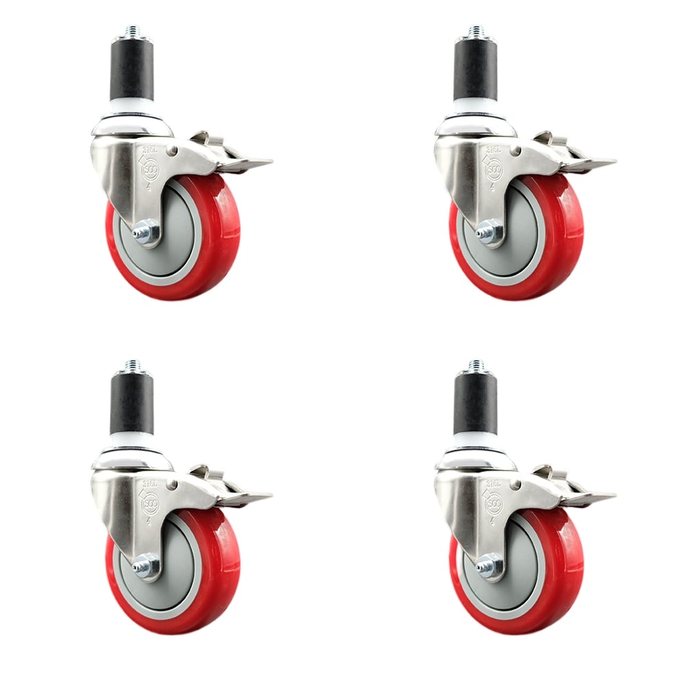 Polyurethane Swivel Stem Caster with 4 in. Red Caster Wheels, 1.63 in. Expanding Stems - 316 Stainless Steel Casters - Set of 4