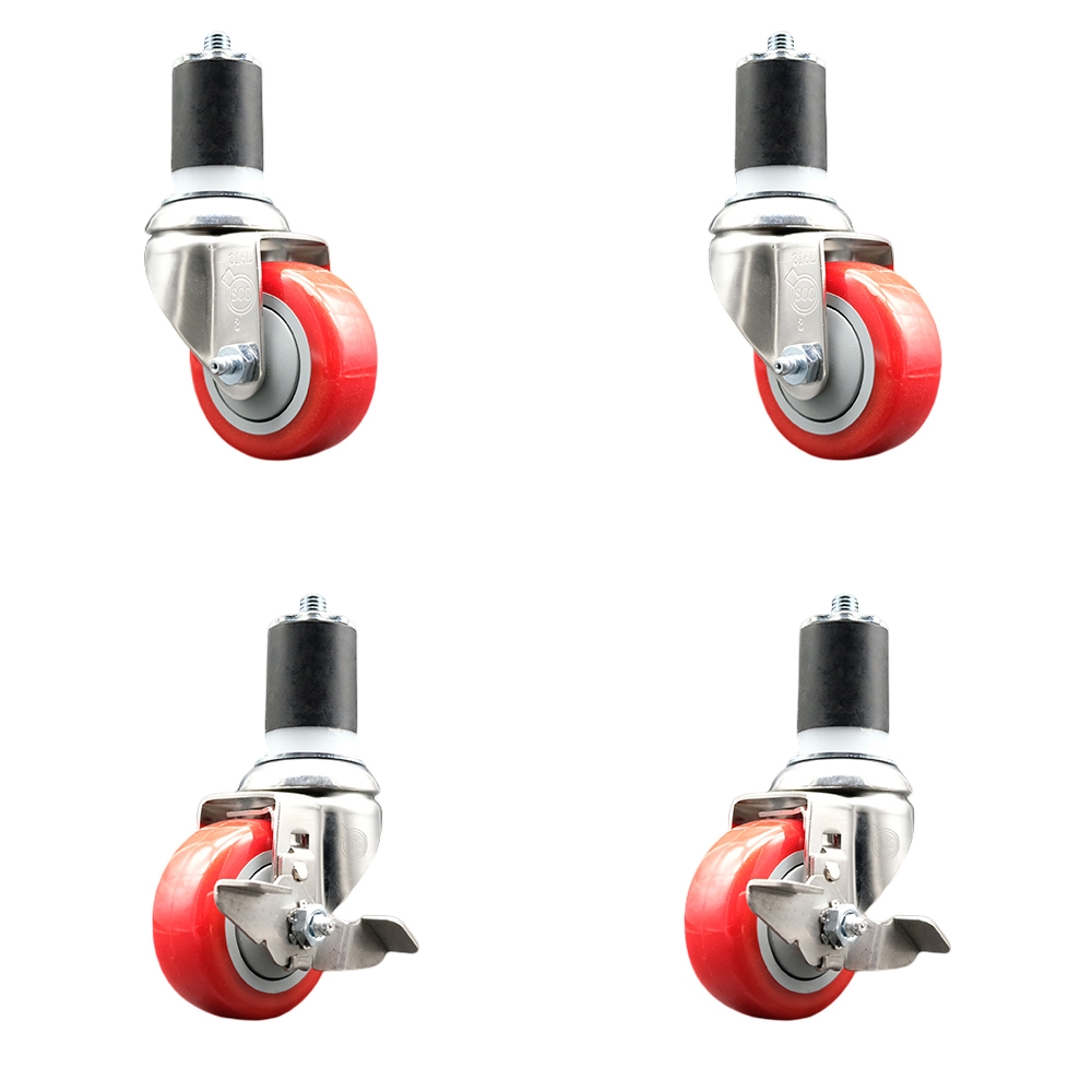 Polyurethane Swivel Stem Caster with 3 in. Red Caster Wheels, 1.75 in. Expanding Stems - 316 Stainless Steel Casters - Set of 4