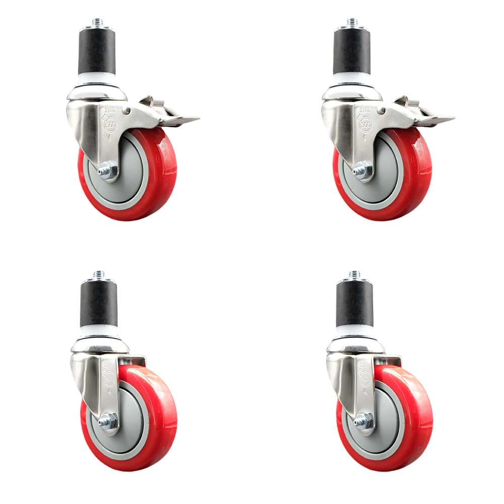 Polyurethane Swivel Stem Caster with 4 in. Red Caster Wheels, 1.75 in. Expanding Stem - 316 Stainless Steel Casters - Set of 4