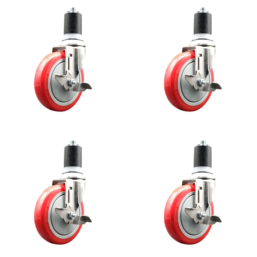 Polyurethane Swivel Stem Caster with 5 in. Red Caster Wheels, 1.75 in. Expanding Stems - 316 Stainless Steel Casters - Set of 4