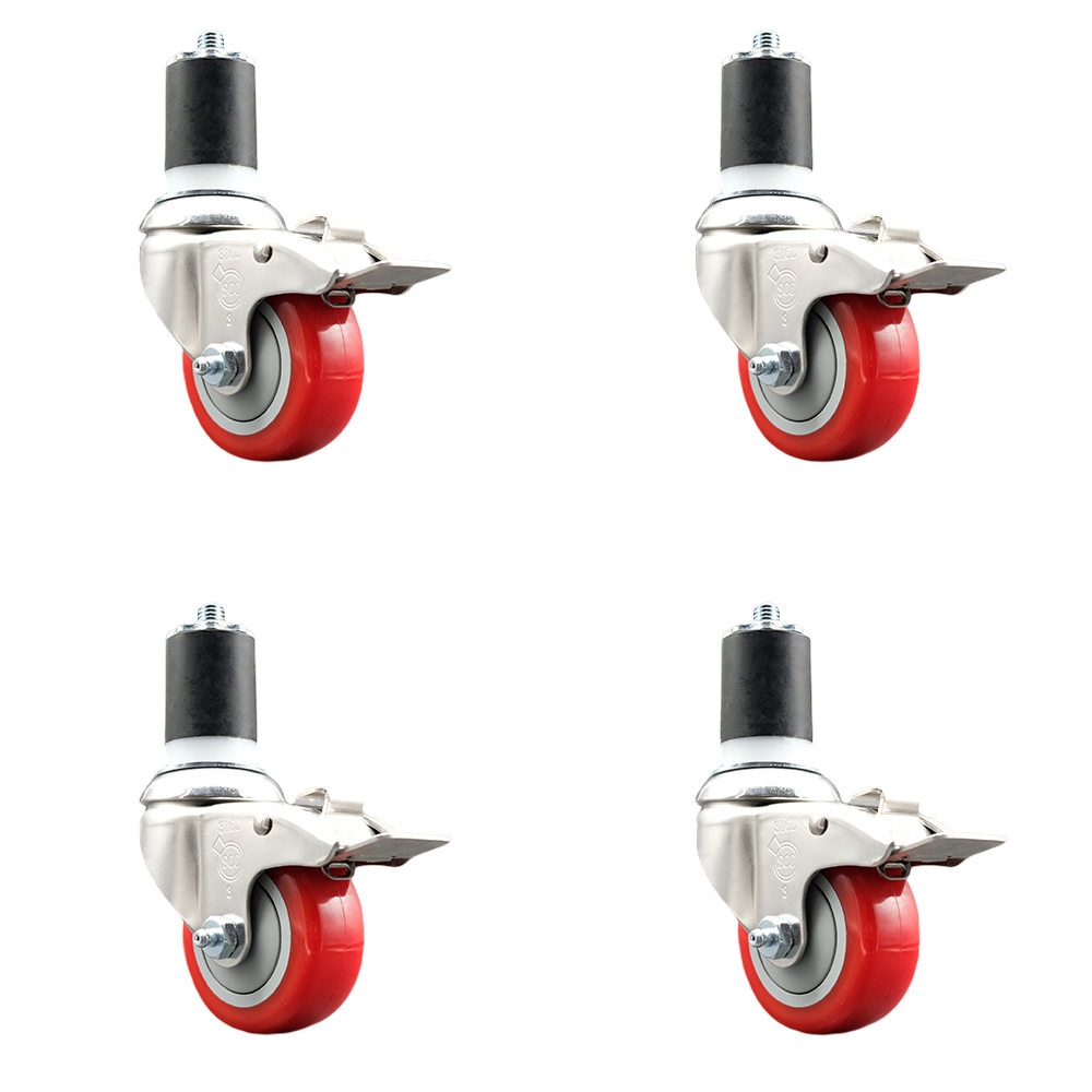 Polyurethane Swivel Stem Caster with 3 in. Red Caster Wheels, 1.87 in. Expanding Stems - 316 Stainless Steel Casters - Set of 4
