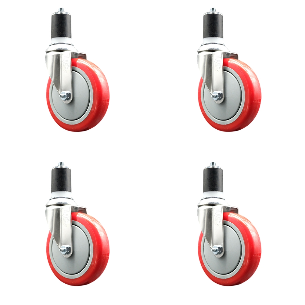 Polyurethane Swivel Stem Caster with 5 in. Red Caster Wheels, 1.87 in. Expanding Stems - 316 Stainless Steel Casters - Set of 4