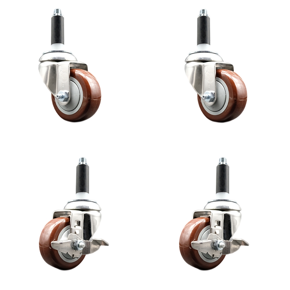 Polyurethane Swivel Stem Caster with 3.5 in. Maroon Caster Wheels, 0.75 in. Expanding Stems - 316 Stainless Steel Casters - Set of 4