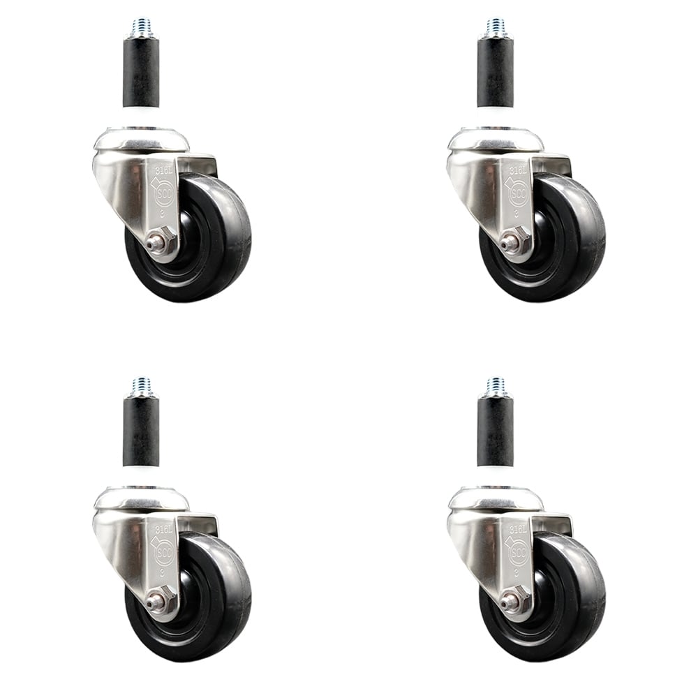 Hard Rubber Swivel Stem Caster with 3 in. Black Caster Wheels, 1.13 in. Expanding Stems - 316 Stainless Steel Casters - Set of 4