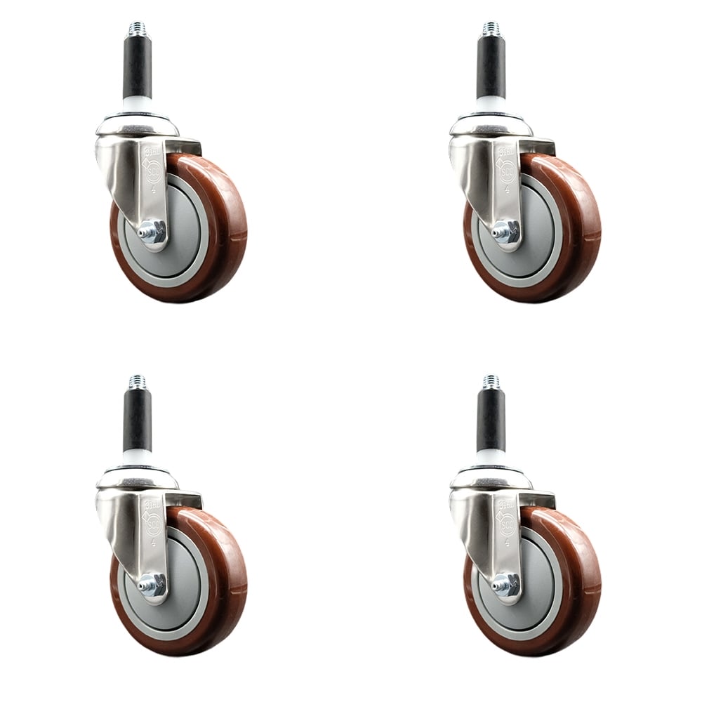Polyurethane Swivel Stem Caster with 4 in. Maroon Caster Wheels, 0.87 in. Expanding Stems - 316 Stainless Steel Casters - Set of 4