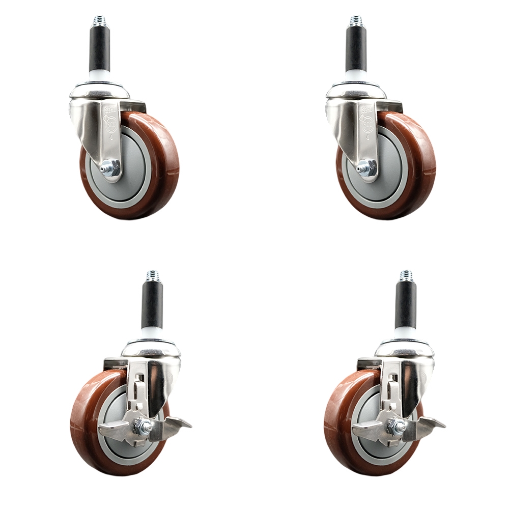 Polyurethane Swivel Stem Caster with 4 in. Maroon Caster Wheels, 0.87 in. Expanding Stems - 316 Stainless Steel Casters - Set of 4