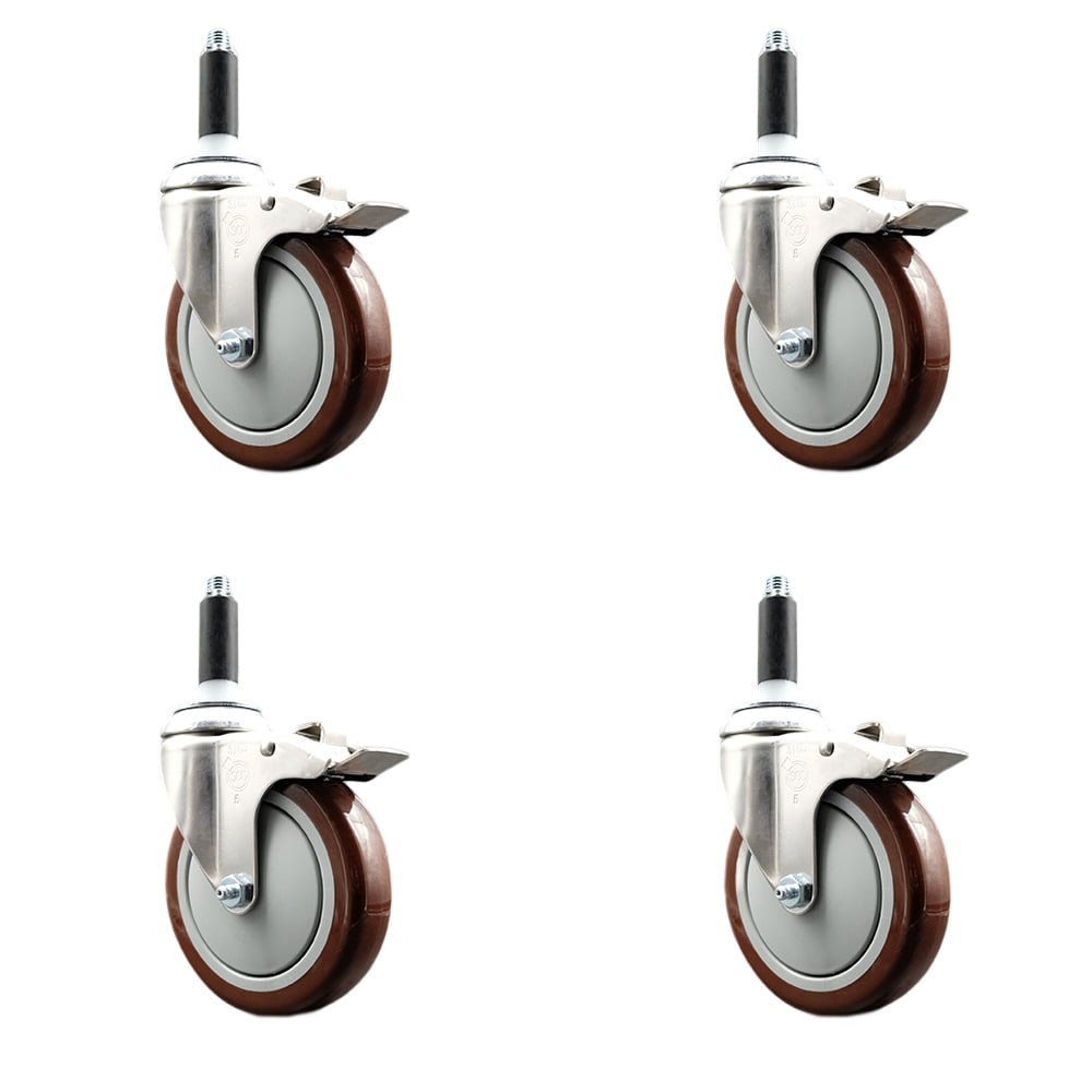 Polyurethane Swivel Stem Caster with 5 in. Maroon Caster Wheels, 0.87 in. Expanding Stems - 316 Stainless Steel Casters - Set of 4