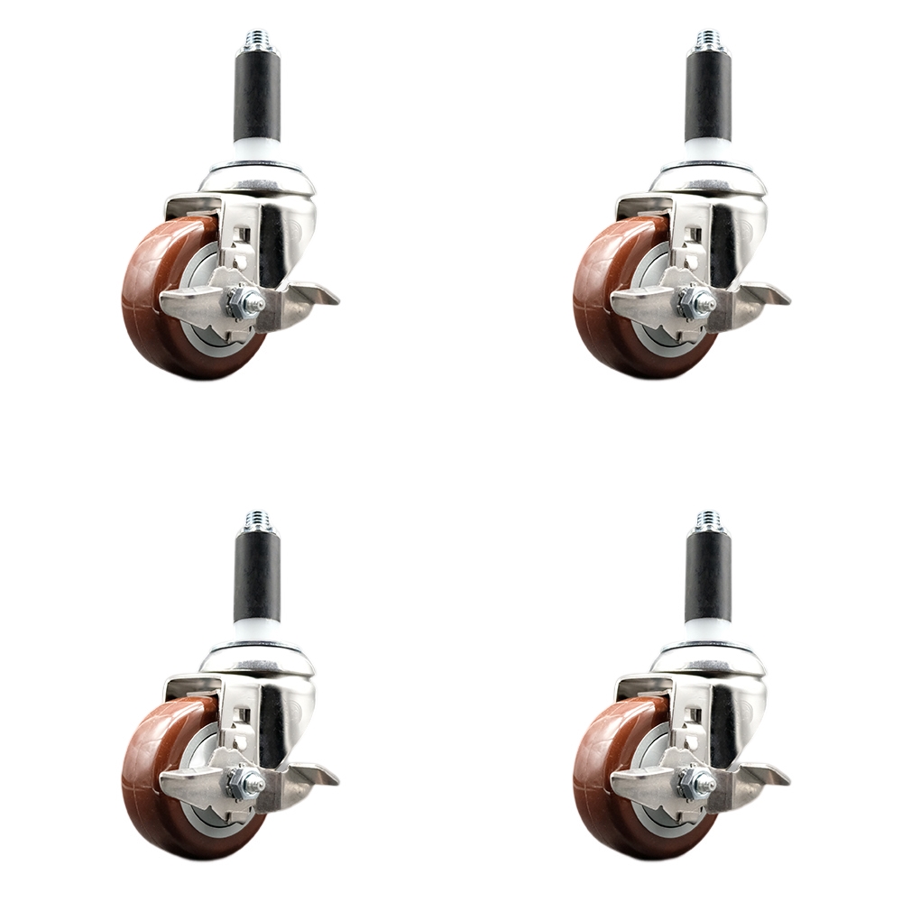 Polyurethane Swivel Stem Caster with 3.5 in. Maroon Caster Wheels, 1 in. Expanding Stems - 316 Stainless Steel Casters - Set of 4