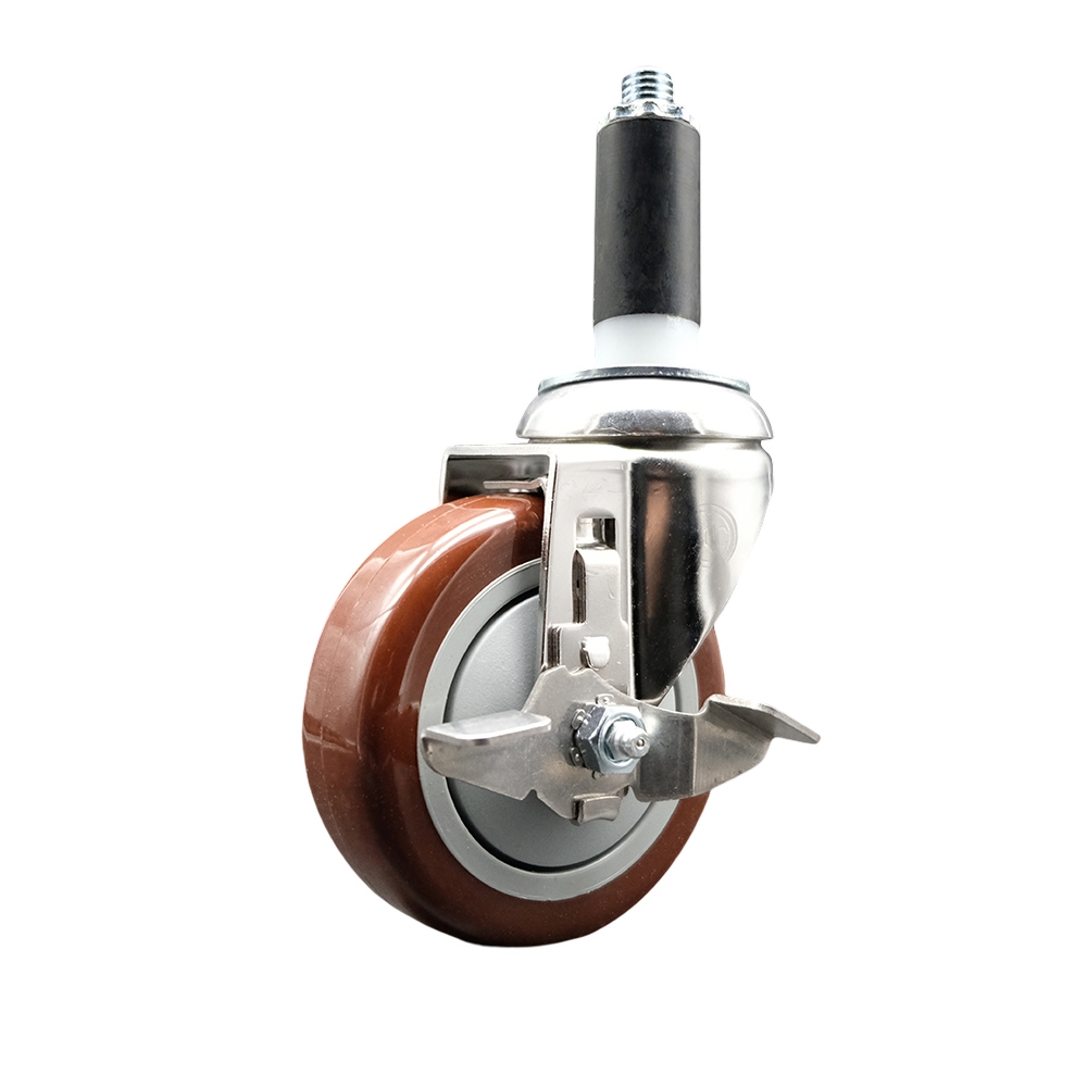 Polyurethane Swivel Stem Caster with 4 in. Maroon Caster Wheels & Top Lock Brake, 1 in. Expanding Stem - 316 Stainless Steel Caster