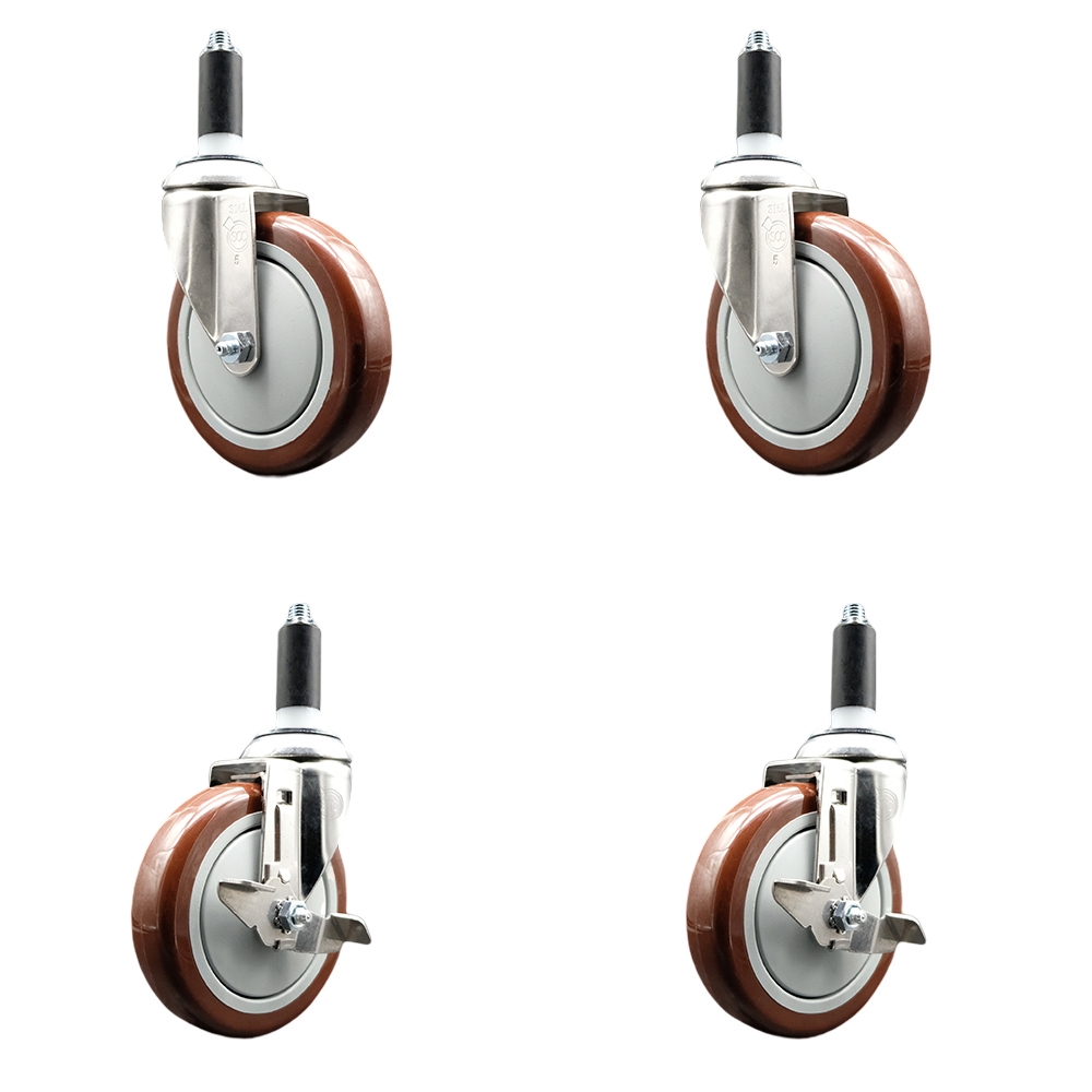 Polyurethane Swivel Stem Caster with 5 in. Maroon Caster Wheels, 1 in. Expanding Stems - 316 Stainless Steel Casters - Set of 4