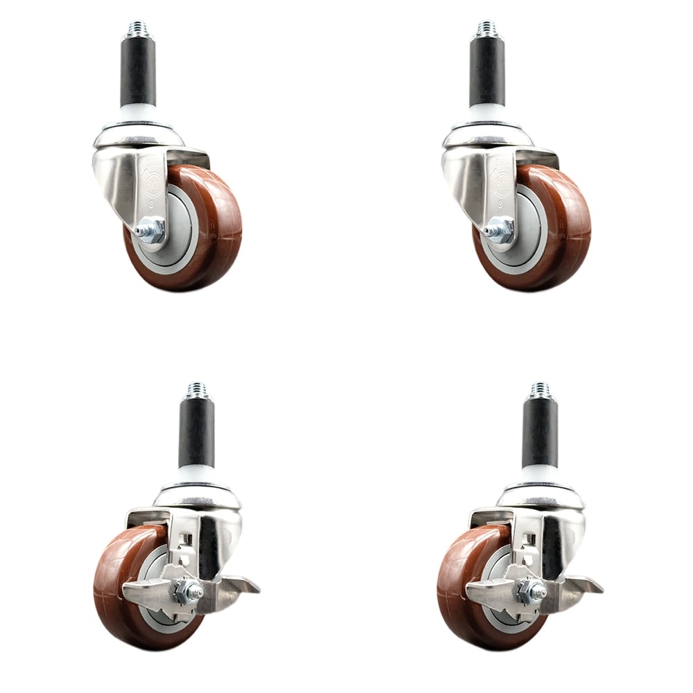 Polyurethane Swivel Stem Caster with 3.5 in. Maroon Caster Wheels, 1.13 in. Expanding Stem - 316 Stainless Steel Casters - Set of 4