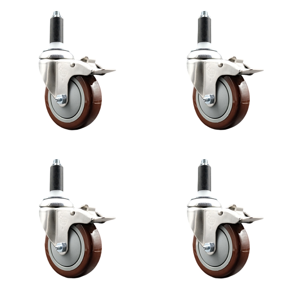 Polyurethane Swivel Stem Caster with 4 in. Maroon Caster Wheels, 1.13 in. Expanding Stems - 316 Stainless Steel Casters - Set of 4