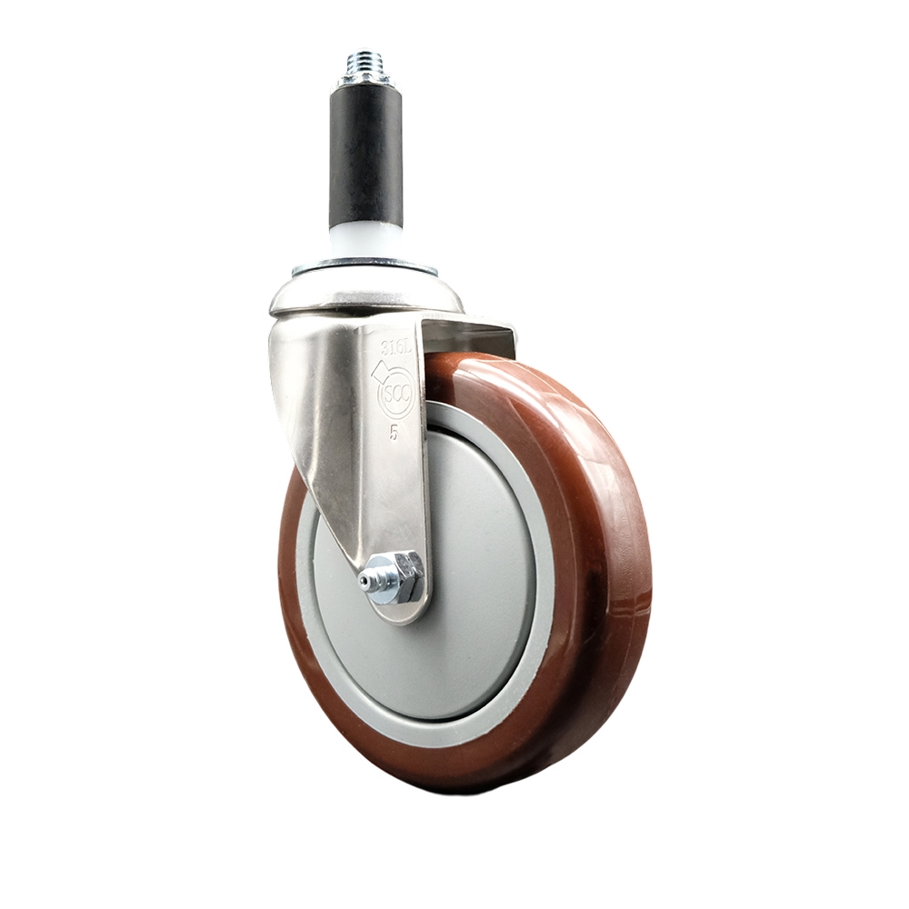 Polyurethane Swivel Stem Caster with 5 in. Maroon Caster Wheels, 1.13 in. Expanding Stem - 316 Stainless Steel Caster