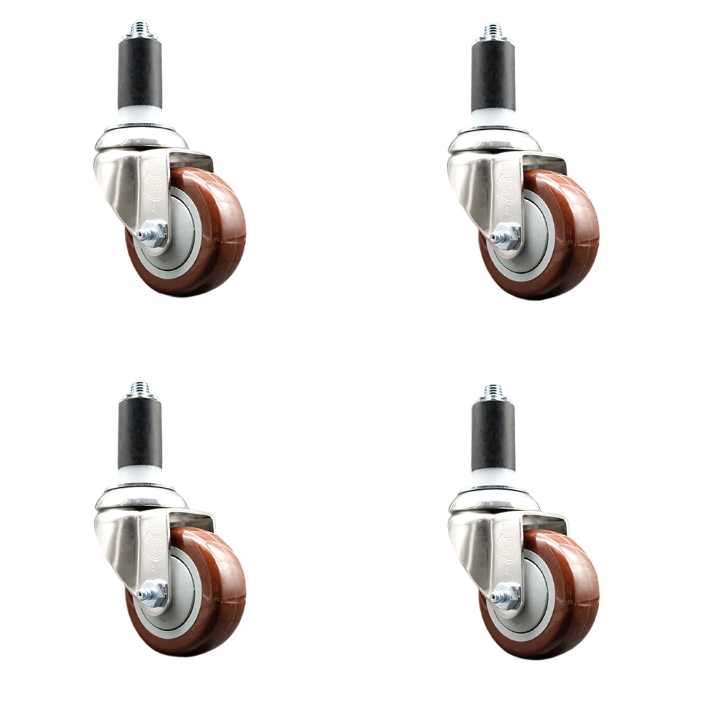 Polyurethane Swivel Stem Caster with 3 in. Maroon Caster Wheels, 1.25 in. Expanding Stems - 316 Stainless Steel Casters - Set of 4
