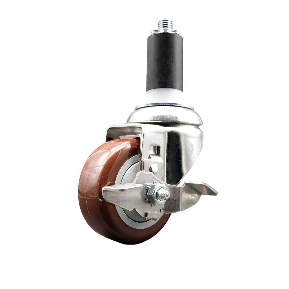 Polyurethane Swivel Stem Caster with 3.5 in. Maroon Caster Wheels & Top Lock Brake, 1.25 in. Expanding Stem - 316 Stainless Steel Caster