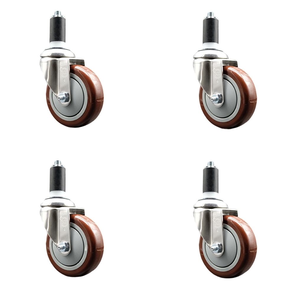 Polyurethane Swivel Stem Caster with 4 in. Maroon Caster Wheels, 1.25 in. Expanding Stems - 316 Stainless Steel Casters - Set of 4
