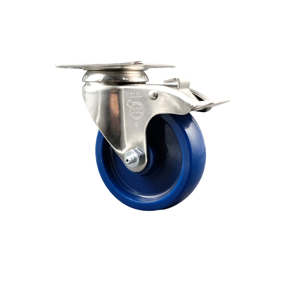 SCC-SS316TTL20S414-SPUS Solid Polyurethane Swivel Top Plate Caster with 4 in. 316 Stainless Steel Blue Caster Wheel & Total Lock Brake