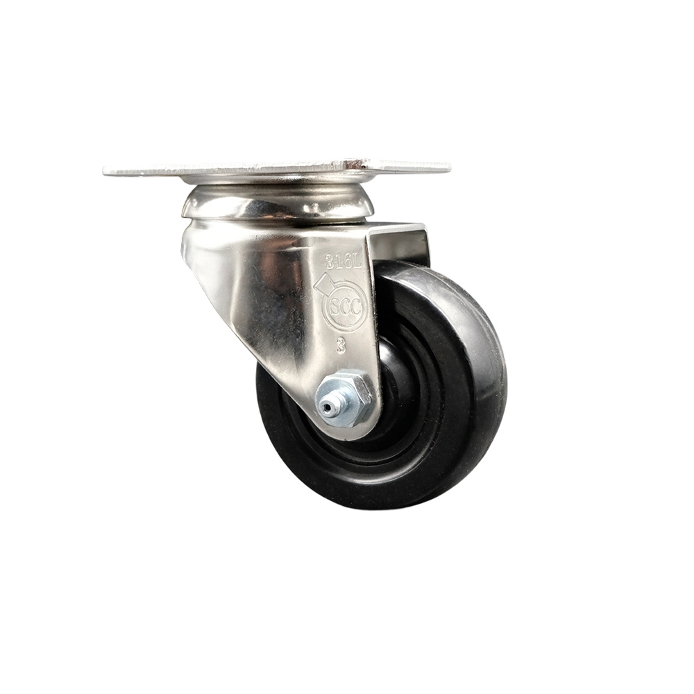 SCC-SS31620S314-SRS Soft Rubber Swivel Top Plate Caster with 3 in. Black Caster Wheel - 316 Stainless Steel Caster