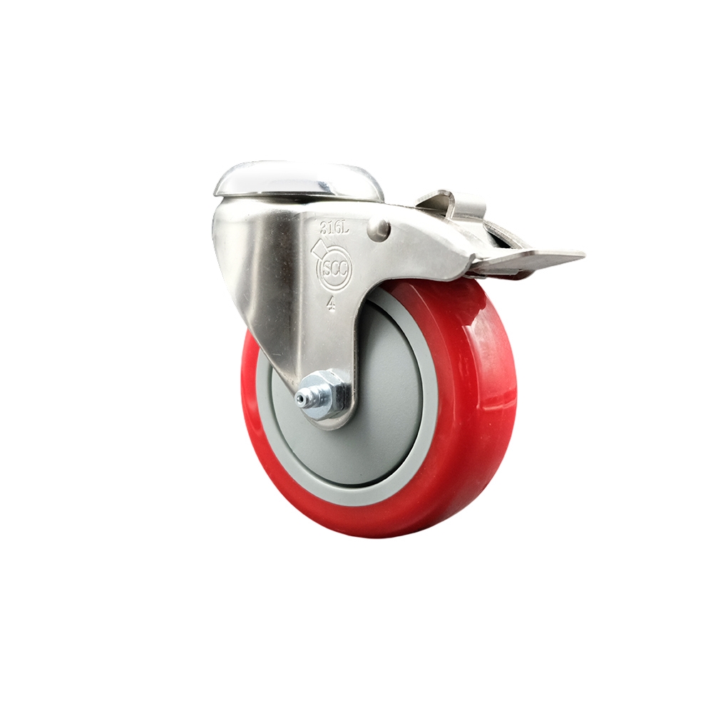 SCC-SS316BHTTL20S414-PPUB-RED Polyurethane Swivel Bolt Hole Caster with 4 in. Red Caster Wheel & Total Lock Brake - 316 Stainless Steel Caster