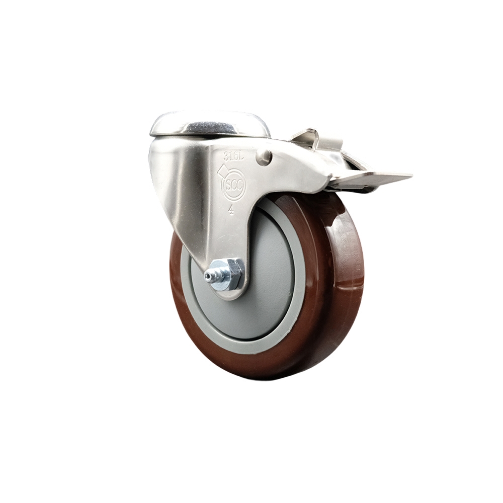SCC-SS316BHTTL20S414-PPUB-MRN Polyurethane Swivel Bolt Hole Caster with 4 in. Maroon Caster Wheel & Total Lock Brake - 316 Stainless Steel Caster
