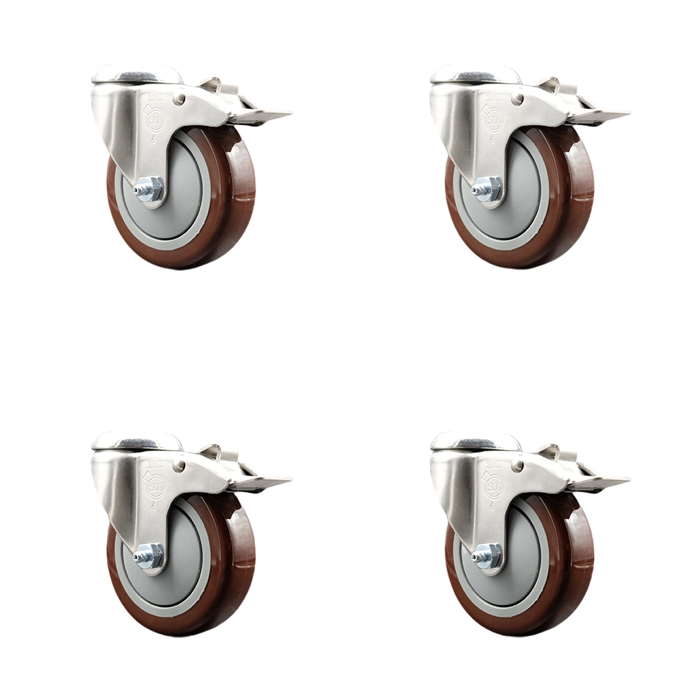 SCC-SS316BHTTL20S414-PPUB-MRN-4 Polyurethane Swivel Bolt Hole Caster with 4 in. Maroon Caster Wheels - 316 Stainless Steel Caster - Set of 4