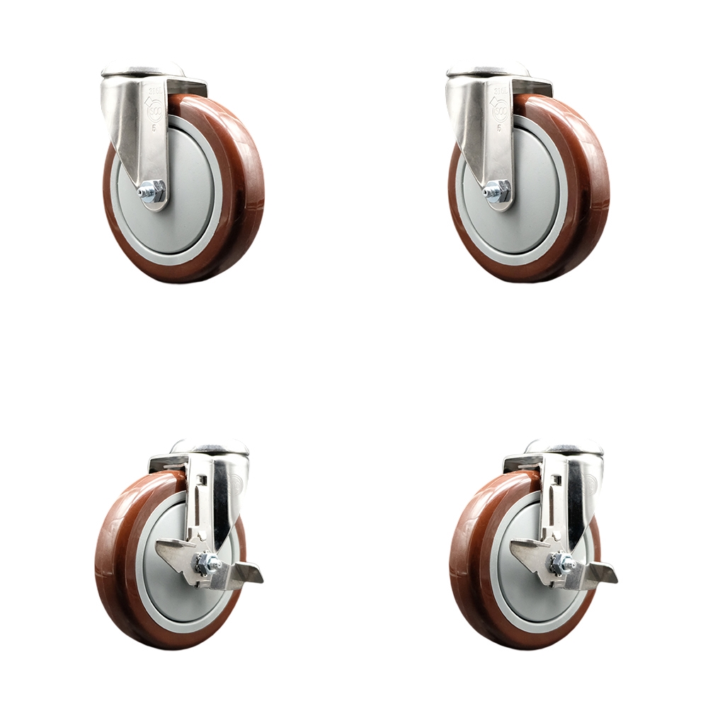 SCC-SS316BH20S514-PPUB-MRN-2-TLB-2 Polyurethane Swivel Bolt Hole Caster with 5 in. Maroon Caster Wheels - 316 Stainless Steel Casters - Set of 4