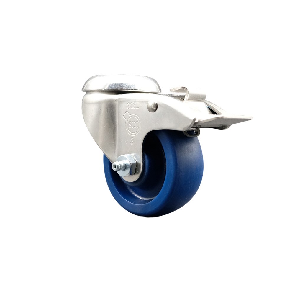 SCC-SS316BHTTL20S314-SPUS Solid Polyurethane Swivel Bolt Hole Caster with 3 in. Blue Caster Wheel & Total Lock Brake - 316 Stainless Steel Caster