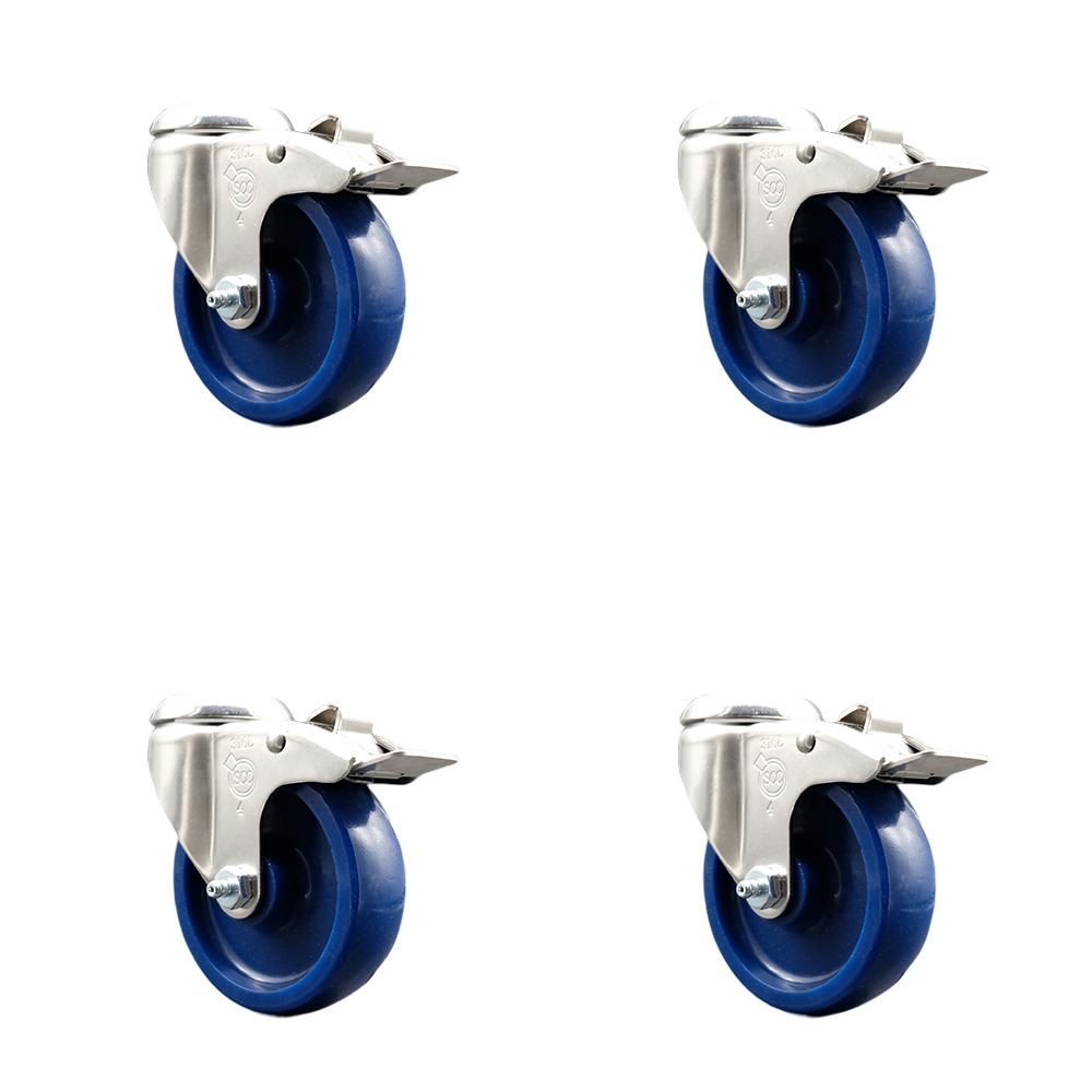 SCC-SS316BHTTL20S414-SPUS-4 Solid Poly Swivel Bolt Hole Caster with 4 in. Blue Caster Wheels - 316 Stainless Steel Caster - Set of 4