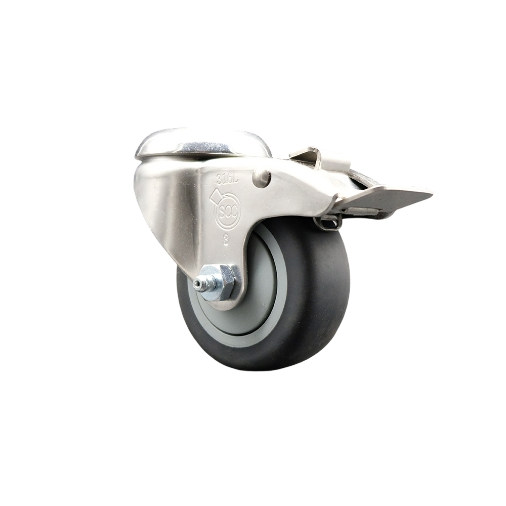 Thermoplastic Rubber Swivel Bolt Hole Caster with 3.5 in. Gray Caster Wheel & Total Lock Brake - 316 Stainless Steel Caster