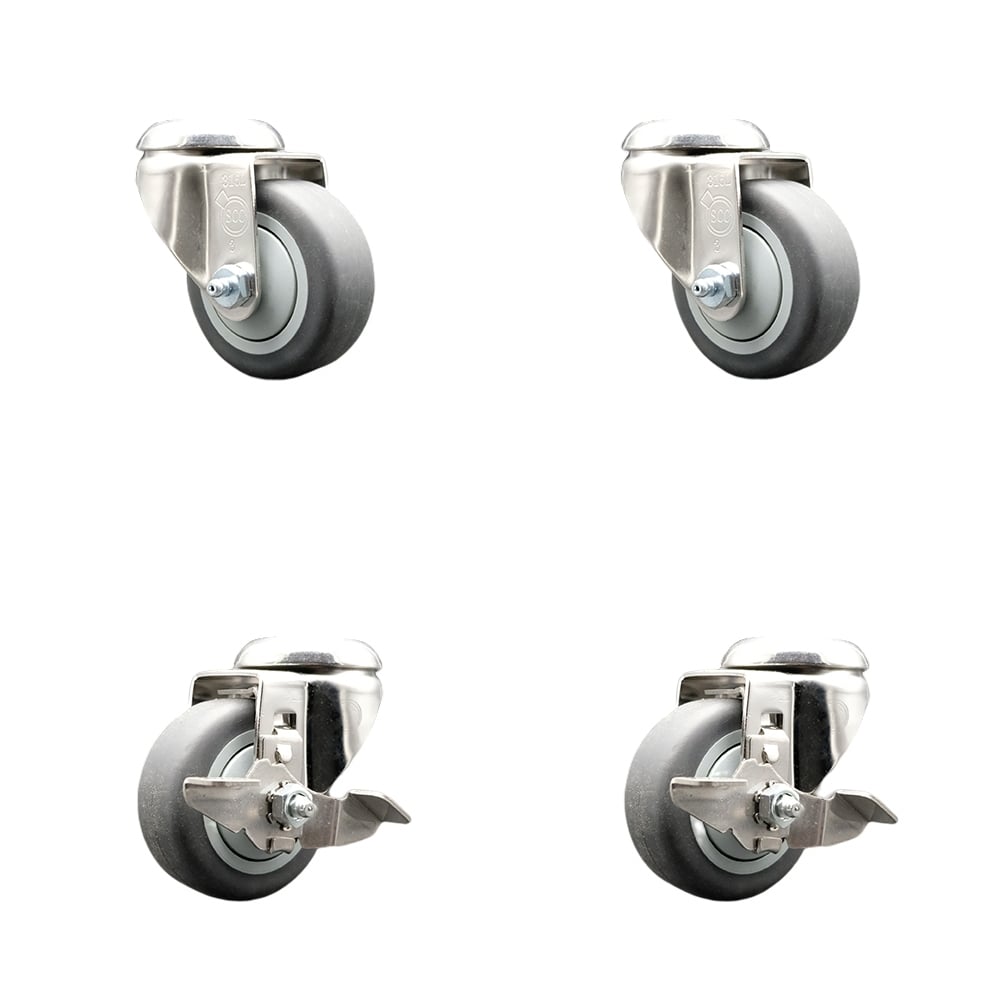 SCC-SS316BH20S3514-TPRB-2-TLB-2 Thermoplastic Rubber Swivel Bolt Hole Caster with 3.5 in. Gray Caster Wheels - 316 Stainless Steel Casters - Set of 4