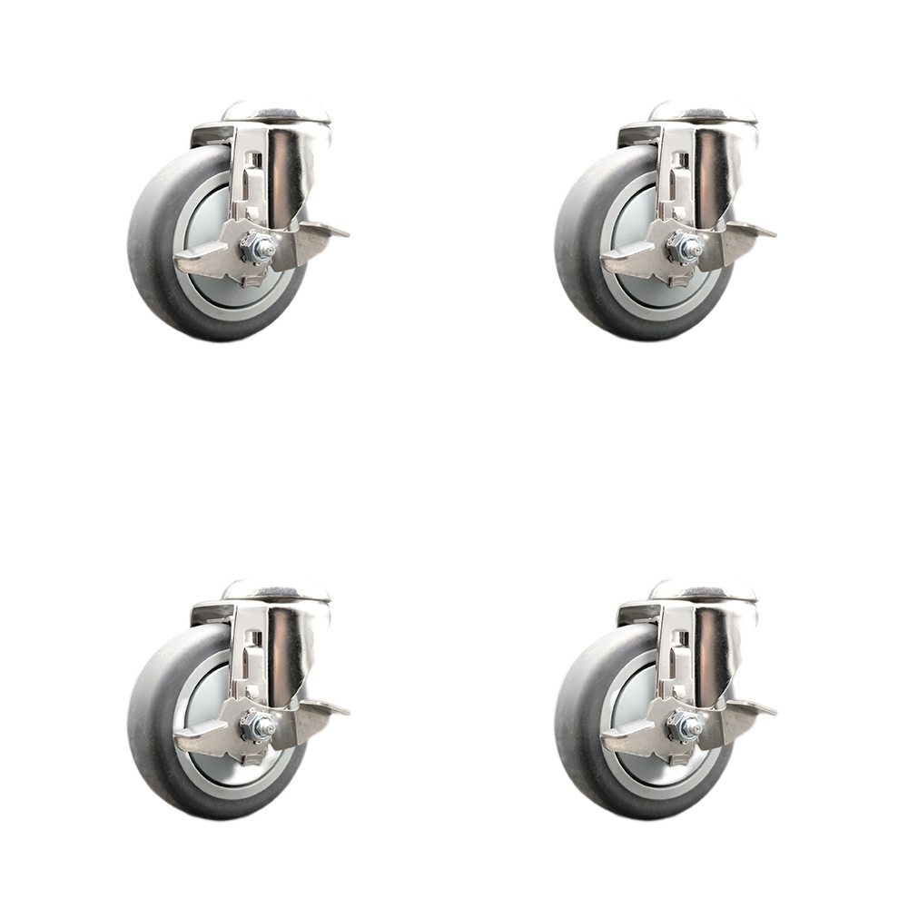 SCC-SS316BH20S414-TPRB-TLB-4 Thermoplastic Rubber Swivel Bolt Hole Caster with 4 in. Caster Wheels - 316 Stainless Steel Casters - Set of 4