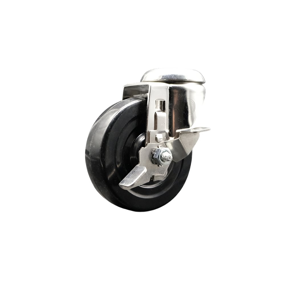 SCC-SS316BH20S414-SRS-TLB Soft Rubber Swivel Bolt Hole Caster with 4 in. Black Caster Wheel & Top Lock Brake - 316 Stainless Steel Caster