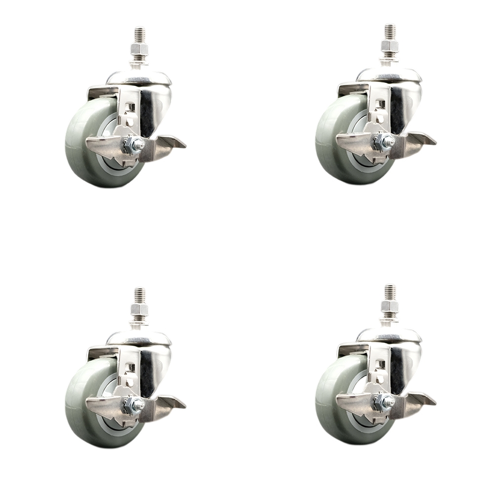 Polyurethane Swivel Stem Caster with 3 in. Gray Caster Wheels, 0.38 in. Threaded Stems - 316 Stainless Steel Casters - Set of 4