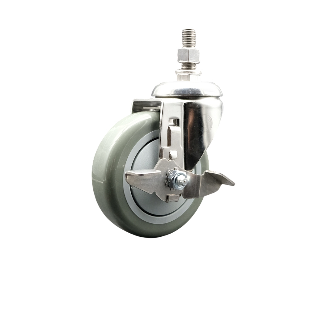 Polyurethane Swivel Stem Caster with 4 in. Gray Caster Wheels & Top Lock Brake, 0.38 in. Threaded Stem - 316 Stainless Steel Caster