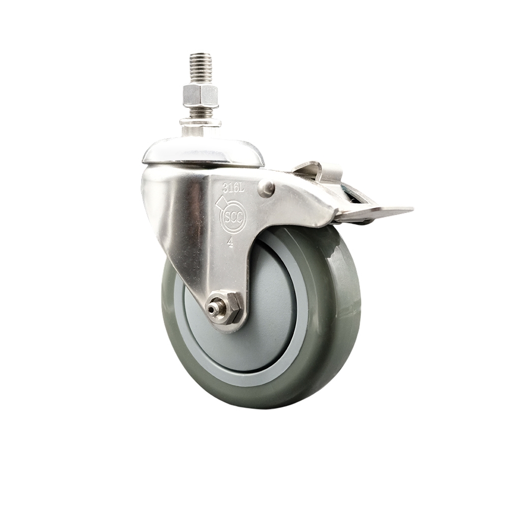 Polyurethane Swivel Stem Caster with 4 in. Gray Caster Wheels & Total Lock Brake, 0.38 in. Threaded Stem - 316 Stainless Steel Caster