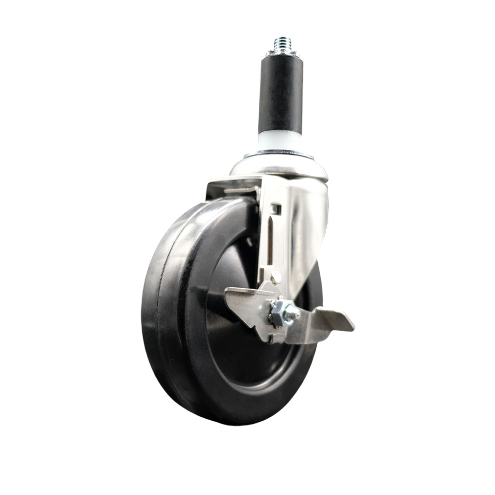 Hard Rubber Swivel Stem Caster with 5 in. Black Caster Wheel & Top Lock Brake, 1.25 in. Expanding Stem - 316 Stainless Steel Casters