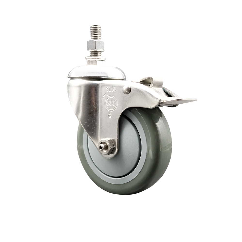 Polyurethane Swivel Stem Caster with 4 in. Gray Caster Wheels & Total Lock Brake, 12 mm Threaded Stem - 316 Stainless Steel Caster