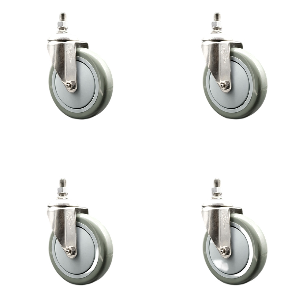 Polyurethane Swivel Stem Caster with 5 in. Gray Caster Wheels, 12 mm Threaded Stems - 316 Stainless Steel Casters - Set of 4