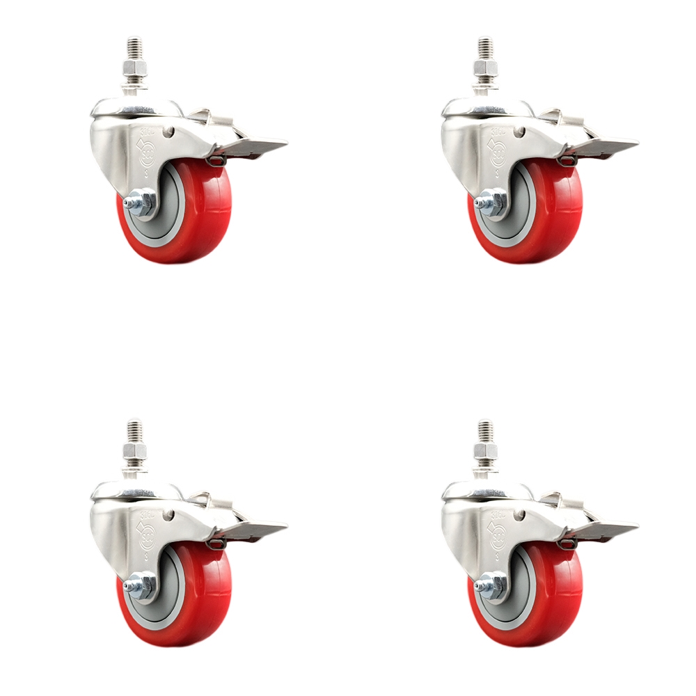 Polyurethane Swivel Stem Caster with 3 in. Red Caster Wheels, 0.5 in. Threaded Stems - 316 Stainless Steel Casters - Set of 4