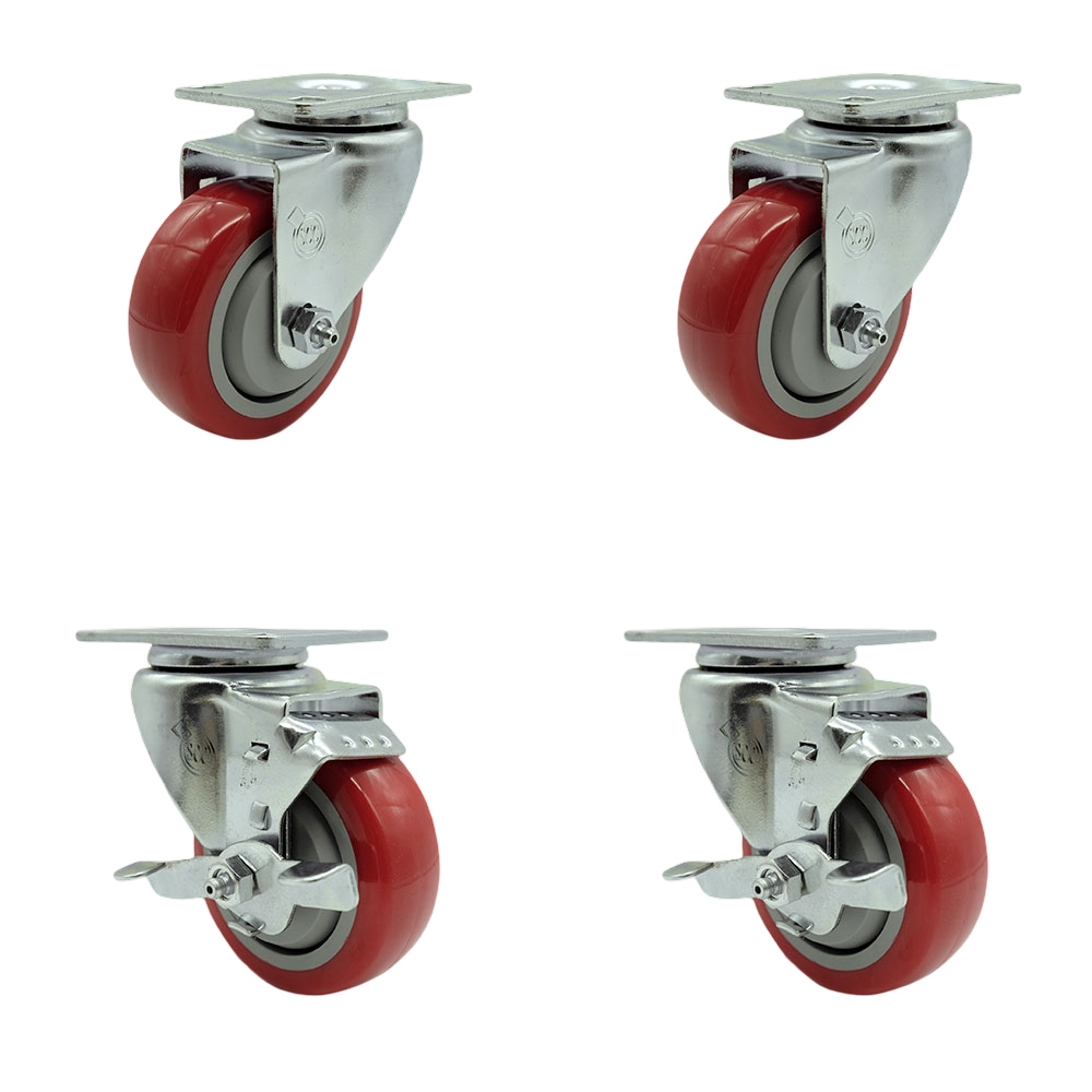 SCC-20S3514-PPUB-RED-2-TLB-2 Polyurethane Swivel Top Plate Caster with 3.5 in. Red Wheels - Set of 4