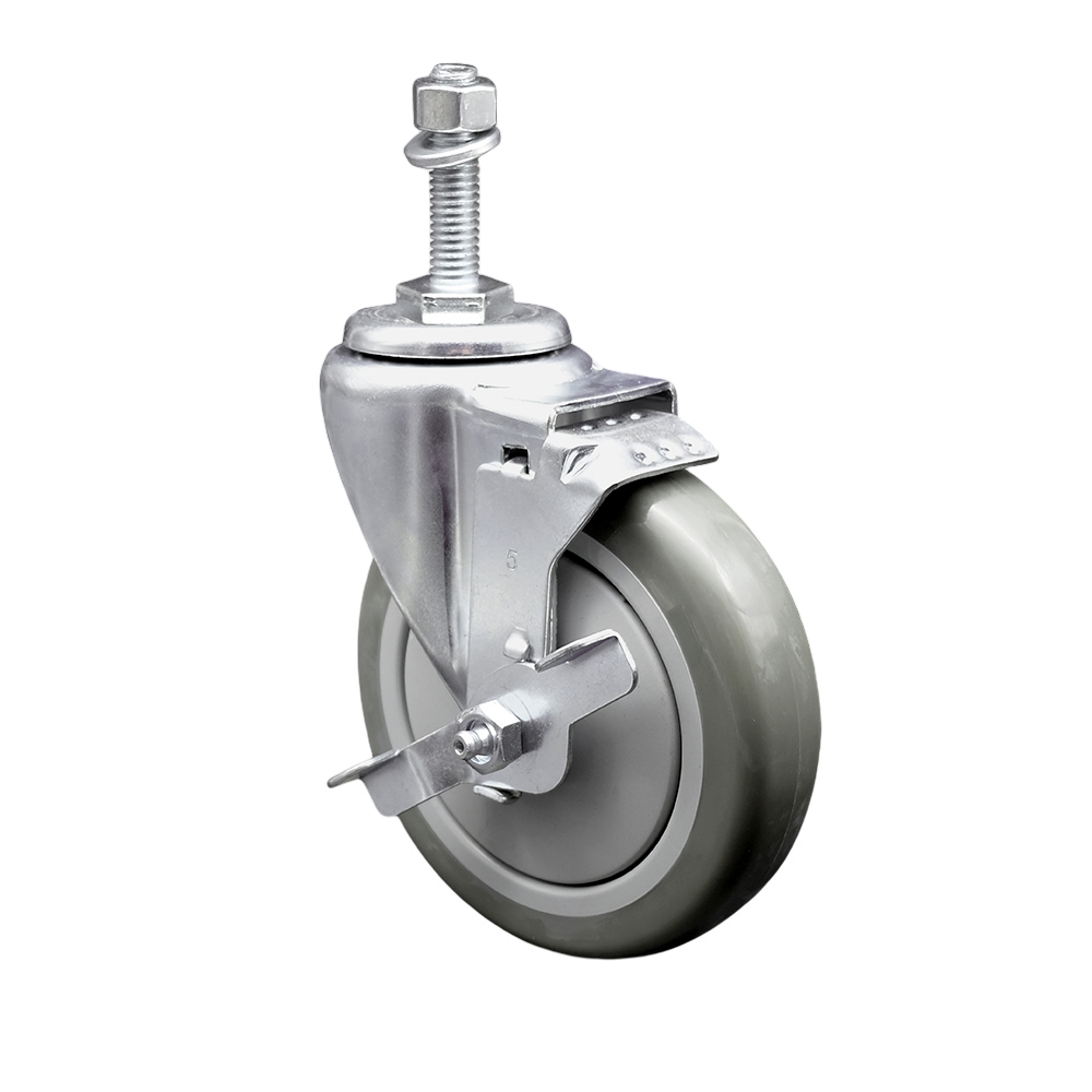 Stainless Steel Polyurethane Swivel Threaded Stem Caster with 5 x 1.25 in. Gray Wheel & 0.38 in. Stem & Top Locking Brake