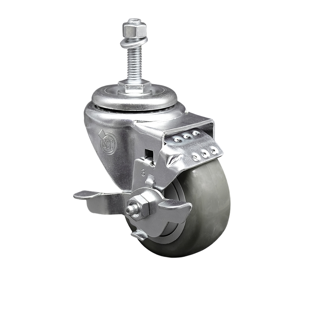 SCC-SSTS20S314-PPUB-TLB-M1015 Stainless Steel Polyurethane Swivel Threaded Stem Caster with 3 x 1.25 in. Gray Wheel & 10 mm Stem & Top Locking Brake