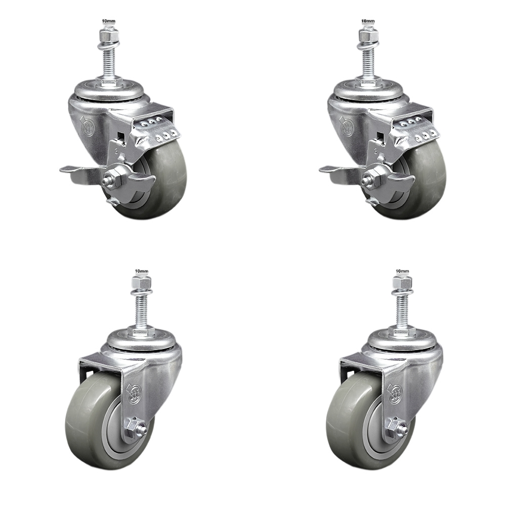 SCC-SSTS20S314-PPUB-TLB-M1015-2-S-2 Stainless Steel Polyurethane Swivel Threaded Stem Caster with 3 x 1.25 in. Gray Wheels & 10 mm Stems - Set of 4