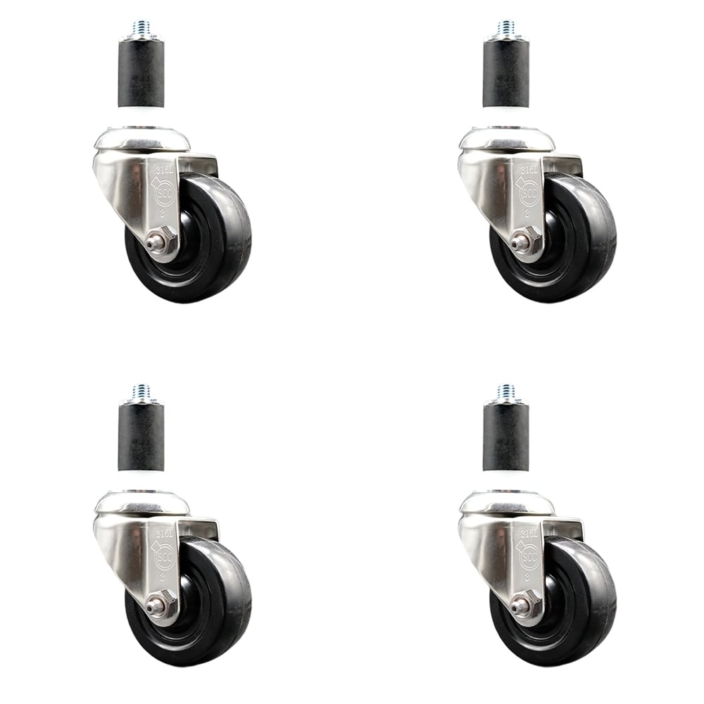 Hard Rubber Swivel Stem Caster with 3 in. Black Caster Wheels, 1.5 in. Expanding Stems - 316 Stainless Steel Casters - Set of 4