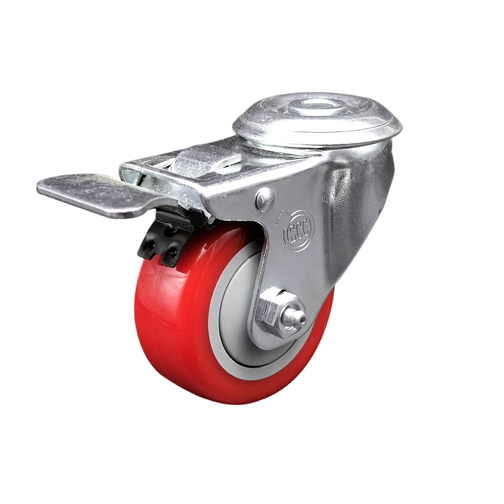 SCC-SSBHTTL20S314-PPUB-RED Stainless Steel Polyurethane Swivel Bolt Hole Caster with 3 x 1.25 in. Red Wheel & Total Locking Brake